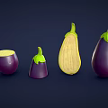 Purple Eggplants Whole And Sliced In Various Sizes On Dark Background