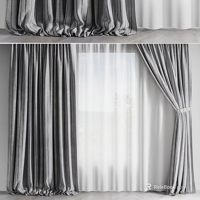 Gray Striped Curtains Hanging On Window With Light Filtering Effect For Home Interior 3d model 