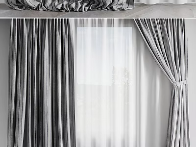 Gray Striped Curtains Hanging On Window With Light Filtering Effect For Home Interior 3d model