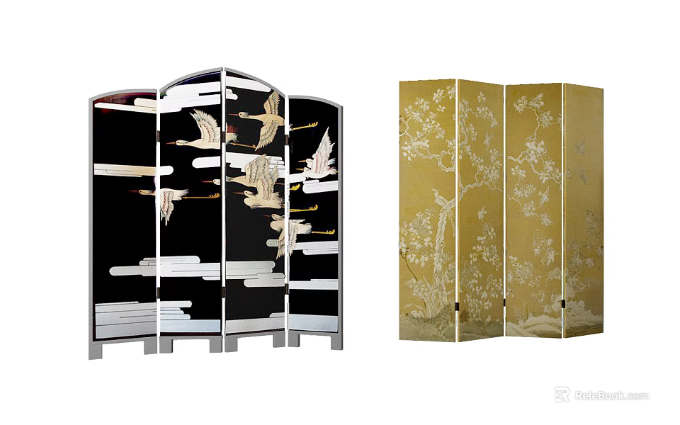 Folding Room Dividers With Crane Cloud And Plum Blossom Patterns On Black And Golden Backgrounds 3d model 