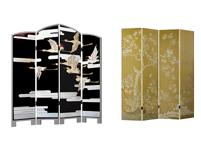 Folding Room Dividers With Crane Cloud And Plum Blossom Patterns On Black And Golden Backgrounds 3d model