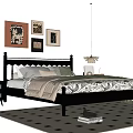 Black Double Bed with Pillows Patterned Bedding Bedside Lamps Wall Art and Checkered Rug