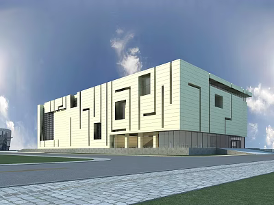 Modern Museum Building Featuring Geometric Windows White Facade And Urban Square 3d model