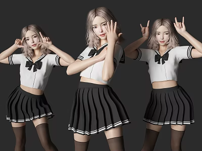 Women in White Crop Tops with Black Bows Pleated Skirts and Stockings Different Poses 3d model