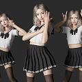 Women in White Crop Tops with Black Bows Pleated Skirts and Stockings Different Poses