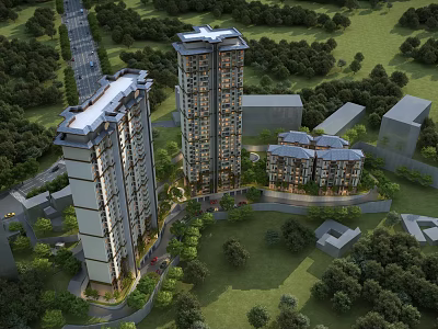 Birds Eye View Planning of Modern High Rise Residential Community With Green Spaces and Trees 3d model