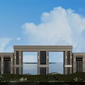 Grand Stone Entrance Gate With Symmetrical Design Water Reflection Blue Sky And Greenery