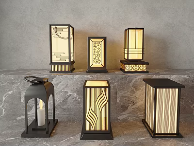 Outdoor Lamps With Modern Geometric Cutout Patterns And Metal Frames Displayed On Stone Surface 3d model