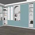 Mint Green Modern Bookcase With Glass Door Compartments Open Shelves And Decorative Items