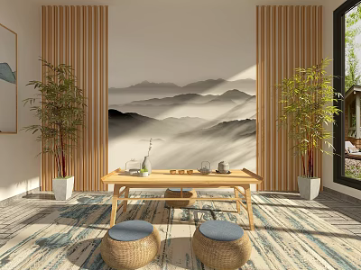 Traditional Chinese Tea House Interior With Landscape Art Bamboo And Wooden Table 3d model
