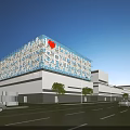 Modern Industrial Factory Building Exterior With Illuminated Glass Curtain Wall And Red Logo Decoration