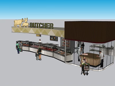 Supermarket Department Store Butcher Shop With Meat Display Counter And Customers Shopping Carts 3d model
