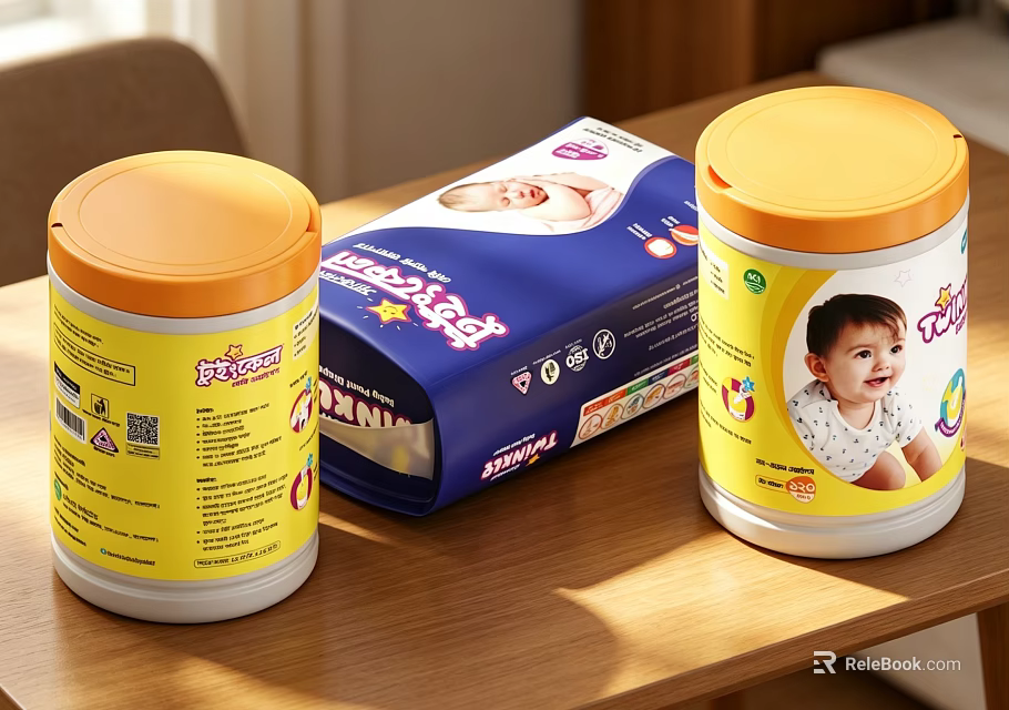 Baby Daily Essentials Including Yellow Powder Jars And Blue Diaper Pack 3d model 