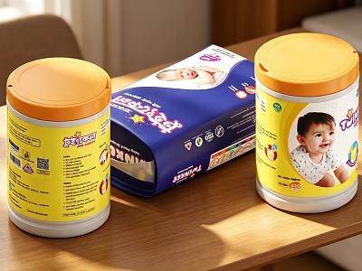 Baby Daily Essentials Including Yellow Powder Jars And Blue Diaper Pack 3d model
