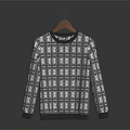 Long Sleeve Knitted Sweater With Gray White Plaid Pattern On Wooden Hanger