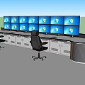 Office Console Desk Gray With Wooden Trim Featuring Multiple Windows Monitors And Black Rolling Chairs