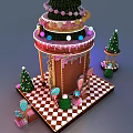 Christmas Gingerbread House Display With Small Trees Candy Decorations And Merry Christmas Sign