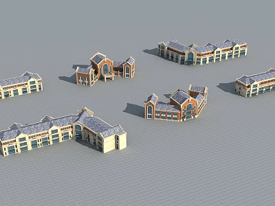 Traditional Commercial Street Buildings With Tile Roofs And Brown Beige Exteriors 3d model