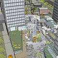 Modern Commercial Street With High Rise Buildings Pedestrians Green Trees And Skywalk