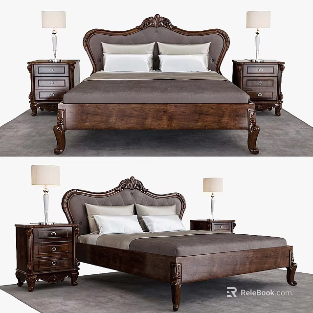 Elegant Wooden Double Bed With Carved Headboard Nightstands Lamps And Pillows 3d model 