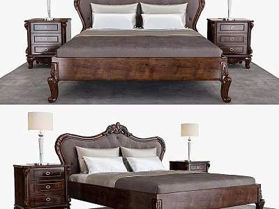 Elegant Wooden Double Bed With Carved Headboard Nightstands Lamps And Pillows 3d model