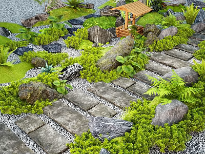 Natural Garden Landscape With Stone Path Mossy Rocks Green Plants And Wooden Pavilion 3d model