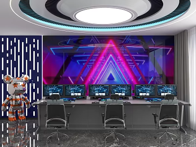 Modern Security Control Room With Multiple Monitors Robot Doll Neon Light And Geometric Wall 3d model