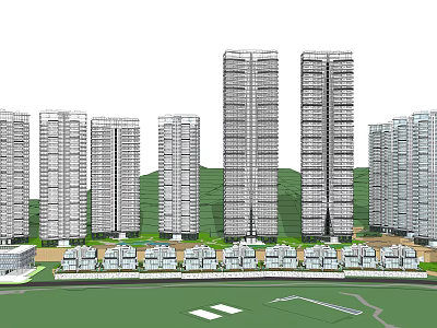Modern High Rise And Low Rise Residential Buildings With Green Hills Landscape 3d model
