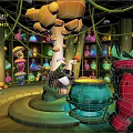Cartoon Scene With Yellow Mushroom Tree Green Vines Colorful Bottles On Shelves And Cartoon Characters