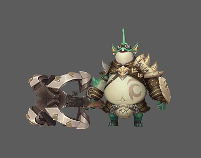 Chubby Creature Character With Green Horns And Spiked Armor Holding Stone Weapon 3d model
