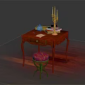 Elegant Mahogany Desk With Red Cushion Stool Candlestick And Books On Wooden Floor