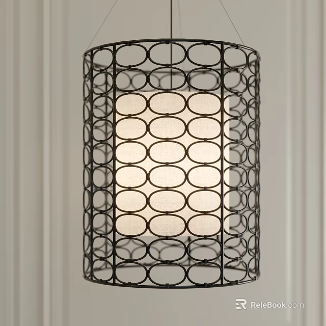 Cylindrical Chandelier With Black Metal Frame Circular Cutouts And Beige Lampshade 3d model 