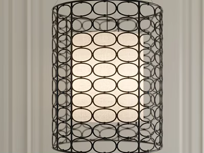 Cylindrical Chandelier With Black Metal Frame Circular Cutouts And Beige Lampshade 3d model
