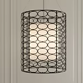 Cylindrical Chandelier With Black Metal Frame Circular Cutouts And Beige Lampshade