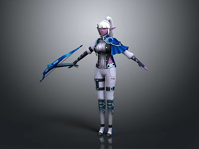 Elf Woman in Futuristic Tech Inspired Outfit Holding Blue Bow with Cape and Armor 3d model