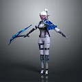 Elf Woman in Futuristic Tech Inspired Outfit Holding Blue Bow with Cape and Armor
