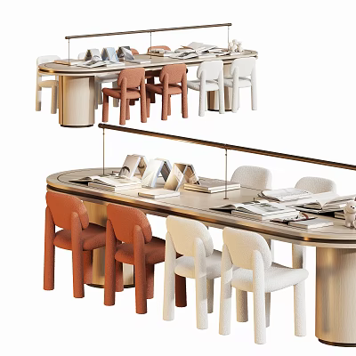 Modern Table And Chair Set Featuring Orange White Chairs And Books On Tabletop 3d model