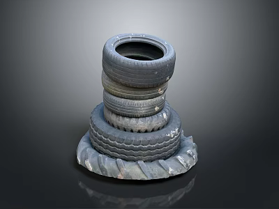 Car Tires Stacked in Pyramid Shape with Various Sizes and Worn Tread Patterns 3d model