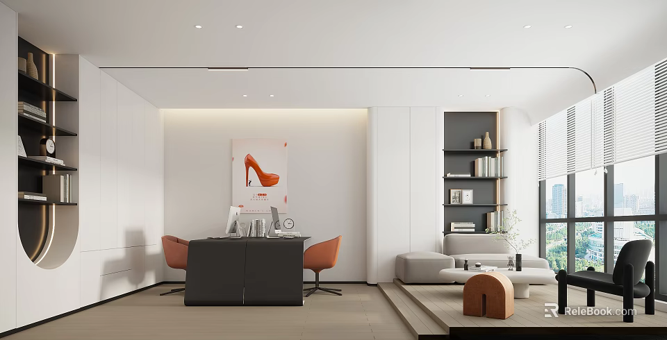 Modern Office Interior With Black Desk Orange Chairs Red High Heel Artwork Bookshelf And Sofa 3d model 