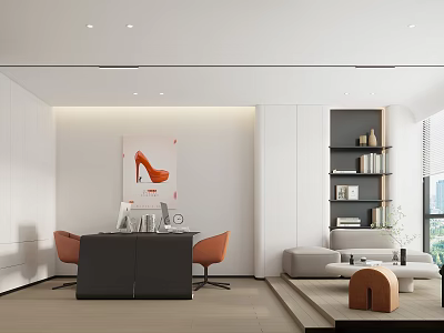 Modern Office Interior With Black Desk Orange Chairs Red High Heel Artwork Bookshelf And Sofa 3d model