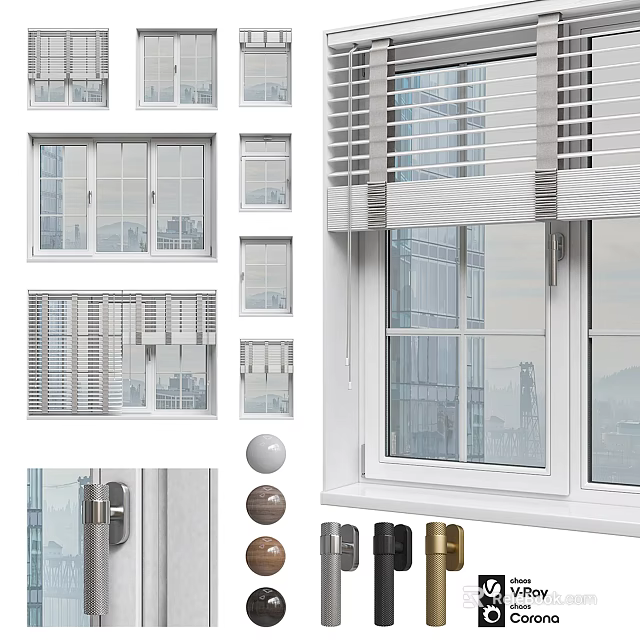 Modern Casement Window With Shutter Design And Multiple Hardware Options For City View 3d model 
