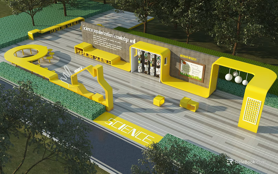 Science Themed Park Landscape With Yellow Facilities Wooden Deck Green Plants And Exhibition 3d model 