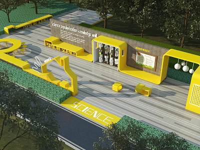 Science Themed Park Landscape With Yellow Facilities Wooden Deck Green Plants And Exhibition 3d model