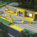 Science Themed Park Landscape With Yellow Facilities Wooden Deck Green Plants And Exhibition