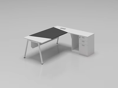 Modern Office Desk With White Frame Black Top And Drawer Cabinet 3d model