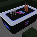 Modern LED Lighted Coffee Table With Black Surface Wine Bottles Glasses And Crown Logo