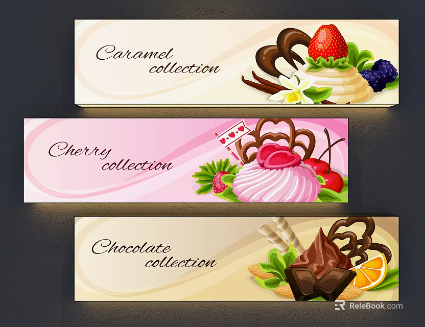 Eye Catching Dessert Hanging Banners For Caramel Cherry Chocolate Collections 3d model 