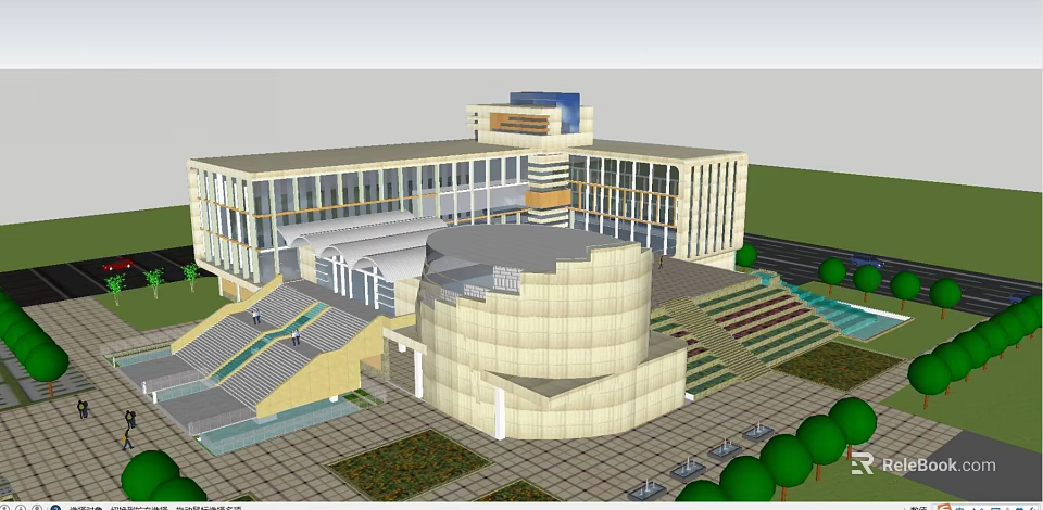 Modern Cultural Center Architectural Design With Circular Structure Steps Plaza And Green Plants 3d model 
