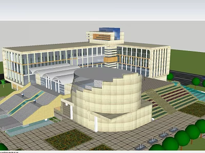 Modern Cultural Center Architectural Design With Circular Structure Steps Plaza And Green Plants 3d model