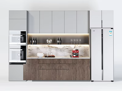 Modern Kitchen With Gray Upper And Wooden Lower Cabinets Marble Countertop Wine Glasses Coffee Machine 3d model